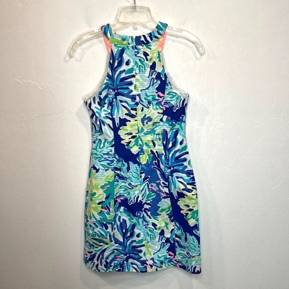 Lilly Pulitzer Pearl Shift Dress Blue Floral Size 00 Embroidered Halter Neckline - Picture 6 of 9